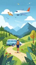 Traveling and hiking in mountain landscape, abstract vector illustration, AI generated image