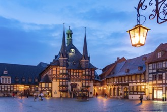 The town hall and market square in Wernigerode at dusk, Saxony-Anhalt, Germany