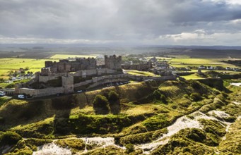 Bamburgh Castle from a drone, Northumberland, Northeast Coast, England, United Kingdom