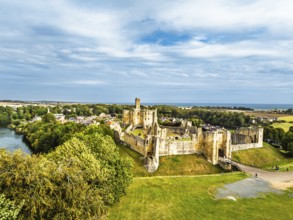 Warkworth Castle over River Coquet from a drone, Warkworth, Northumberland, England, United Kingdom
