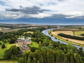 Paxton House over River Tweed from a drone, Paxton, Berwick-upon-Tweed, Berwickshire, Scotland, UK