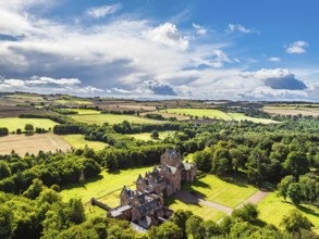 Ayton Castle from a drone, Ayton, Eyemouth, Scottish Borders, Scotland, UK