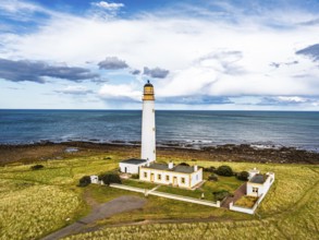 Barns Ness Lighthouse from a drone, Dunbar, East Lothian, Scotland, UK