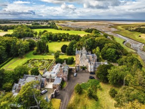 Luffness Castle from a drone, Aberlady, East Lothian, Scotland, UK