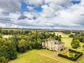 Oxenfoord Castle from a drone, Midlothian, Scotland, UK