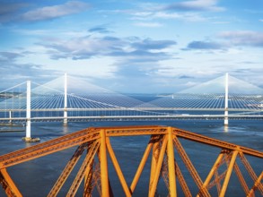 Forth Bridge from a drone, Queensferry Crossing, Forth Estuary, Scotland, United Kingdom