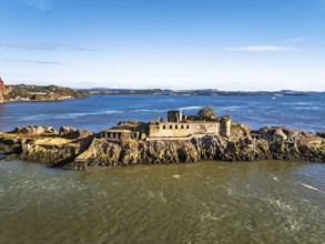Inch Garvie Castle from a drone, Forth Bridge, Queensferry Crossing, Forth Estuary, Scotland,