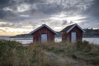 Falun red or Swedish red boathouses by the sea, Resö Island, Bohuslän, Skagerrak, Sotenäs, Västra