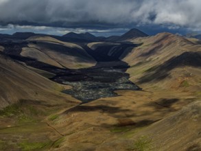 Lava, lava field, summer, cloudy, sunny, aerial view, Fagradalsfjall, Reykjanes, Iceland