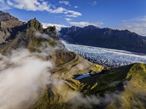 Glacier, glacier tongue, sunny, morning mood, mountains, fog, aerial view, summer, Kviarjökull,