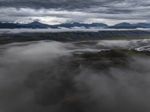 River, river course, river delta, mountains, clouds, summer, aerial view, Hvannagil, south-east