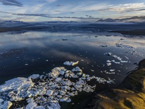 Ice floes, glacier, glacier tongue, fog, clouds, morning mood, mountains, reflection, aerial view,