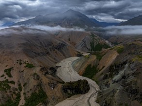 River, river course, river delta, mountains, clouds, canyon, gorge, summer, aerial view, Hvannagil,