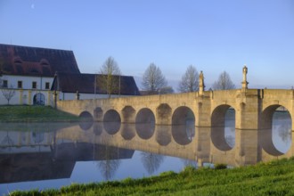 Morning atmosphere, fog at Fischhof, with historic Fischhof bridge, Tirschenreuth, Upper