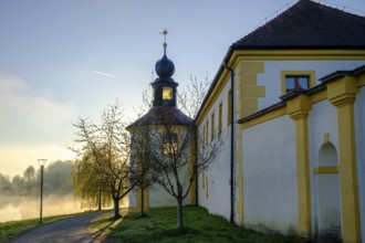 Morning atmosphere, fog at the Fischhof, Tirschenreuth, Upper Palatinate, Bavaria, Germany
