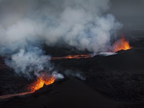 Lava, volcanic eruption, volcano, ash cloud, aerial view, Sundhnúkur crater chain, July 2025,