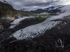 Glacier, glacier tongue, mountains, cloudy, summer, aerial view, Fjalljökull, Skaftafell, Iceland