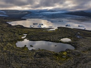 Icebergs, ice floes, glacial lake, glacier, summer, evening mood, aerial view, Fjallsjökull,