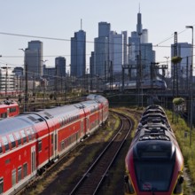 Elevated city view with many trains, railway station and skyscrapers, Frankfurt am Main, Hesse,