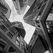 Frog's-eye view of the skyscrapers in the banking district, Four Frankfurt, Frankfurt am Main,