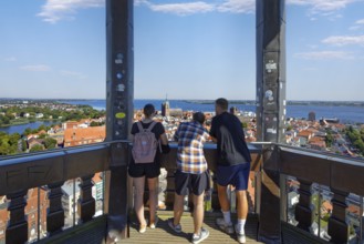 Visitors look out over the city, viewing platform view at a height of 84 metres, St. Mary's Church,
