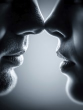 Symmetrical arrangement of two pairs of lips coming close together creates a feeling of intimacy,