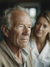 A young carer lovingly looks after a senior in a retirement home, nursing home, symbolic image for
