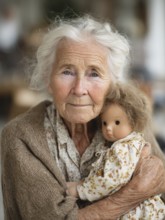 An elderly woman lovingly holds a doll in her arms, which radiates an emotional connection and