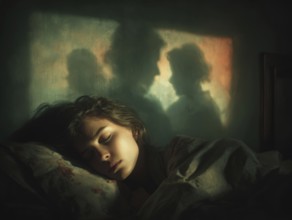 Sleeping woman with mystical shadow silhouettes in the background, symbolic image for sleep, event