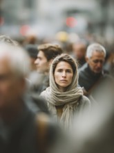 A woman stands in the middle of a crowd, symbolising mental health, stress in the big city,