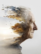 Double exposure of an elderly man and decaying parts of a landscape, symbolic image for memory