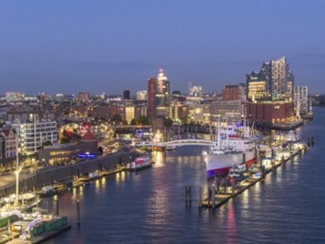 Aerial view of the Landungsbrücken Hamburg (Jan-Fedder-Promenade) at blue hour with Elbe, Cap San