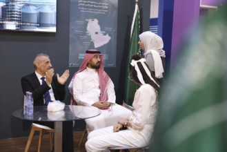 Saudi companies showcase products and investments inside the Saudi pavilion at the Damascus