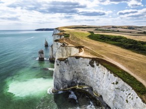 White Cliffs of Old Harry Rocks Jurassic Coast from a drone, Handfast Point, Dorset Coast, Poole,