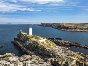 Godrevy Lighthouse from a drone, Godrevy Island, St Ives Bay, Cornwall, England, United Kingdom