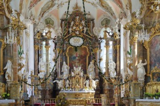 Interior view, choir, main altar, Catholic parish church of St Ulrich, Rococo, Seeg, Ostallgäu,