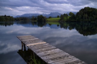Bathing jetty, jetty, wooden jetty, jetty, leads into a lake, bathing lake, Schwaltenweiher near