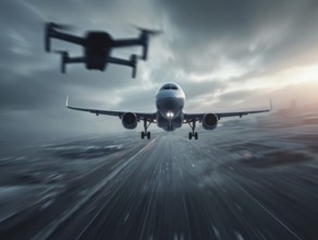 Ein Quadrocopter, Drohne, droht mit einem startenden Verkehrsflugzeug zu kollidieren, während ein