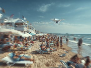 Ein Fernpilot steuert sein Quadrocopter, Drohne über einen dicht besetzten Badestrand, um illegale
