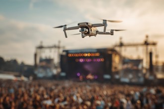 Ein Fernpilot steuert sein Quadrocopter, Drohne illegal über ein Open-Air Musik Konzert mit vielen
