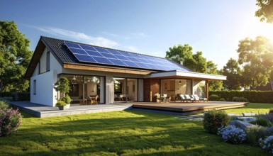 Residential house with solar panels on the roof, beautiful sunrise, AI generated