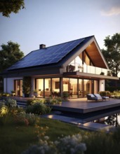Residential house with solar panels on the roof, beautiful sunrise, AI generated