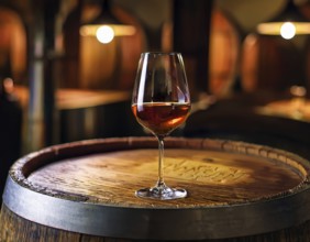 Glass of 10-year-old tawny wine placed on a barrel in a vineyard restaurant, AI generated