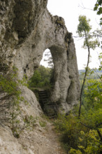 Teufelstorffelsen, Jura rock, gate-like breakthrough, stairs, natural monument between Gammertingen