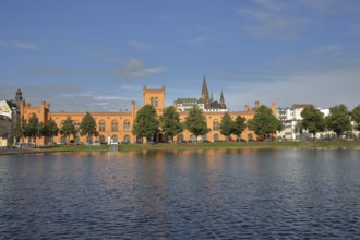 Pfaffenteich with arsenal, church tower of St Paul's Church, shore, lake, Schwerin,