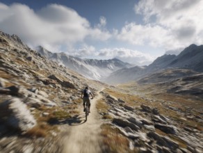 A single mountain biker quickly rides a trail in the high mountains, motion blur, AI generated, AI