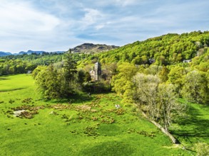 Holy Trinity Church from a drone, Bog Lane, Brathay village, Lake District, Cumbria, England,
