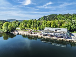 Windermere Lake from drone over Fell Foot Park, Lake District, Cumbria, England, United Kingdom