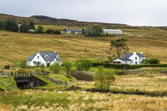 Farms over Loch Harport, Drynoch, Isle of Skye, Scotland, UK