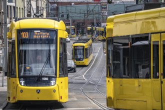 Ruhrbahn tram, on Altendorfer Straße, intersection Helenenstraße, in Essen, rush hour, traffic,